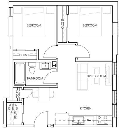 Floor plan for 2 beds, 1 bath, 821 sqft